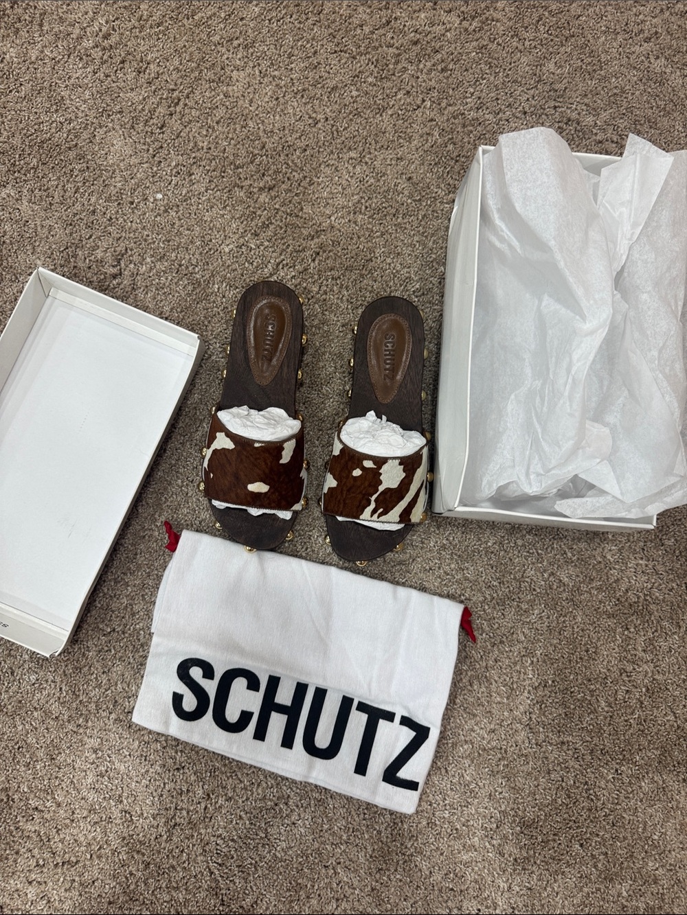 Schutz Cowhide Wooden Studded Slides | Animal Print | Size 6B